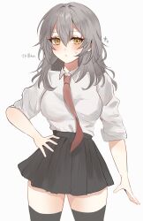 1girl absurdres black_skirt black_thighhighs blush breasts collared_shirt commentary cowboy_shot grey_hair hand_on_own_hip highres honkai:_star_rail honkai_(series) hotaboshi_yazuki large_breasts long_hair necktie pleated_skirt red_necktie shirt short_sleeves simple_background skirt solo sparkle stelle_(honkai:_star_rail) thighhighs trailblazer_(honkai:_star_rail) translation_request white_background white_shirt yaduki100 yellow_eyes