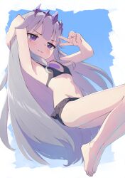 Rule 34 | 1girl, :3, absurdres, alternate costume, barefoot, bikini, blush, chest jewel, circlet, colored inner hair, face jewel, feet, flat chest, frilled bikini, frills, gem, grey hair, highres, hololive, hololive english, jewel under eye, koseki bijou, long hair, looking at viewer, multicolored hair, navel, pink hair, purple eyes, purple gemstone, recklessdraw, smile, solo, swimsuit, v, very long hair, virtual youtuber