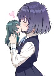 1girl battle_retto blush character_doll closed_eyes commentary_request doll from_side gakuen_idolmaster hataya_misuzu hatsuboshi_gakuen_school_uniform heart highres holding holding_doll idolmaster kiss long_sleeves mole mole_under_mouth neck_ribbon object_kiss purple_hair ribbon school_uniform shirt short_hair simple_background tsukimura_temari vest white_background white_shirt yuri