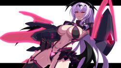 1girl breasts cleavage commission corruption dark_persona garter_straps head_wings highres kouyoku_senki_exs-tia large_breasts letterboxed liberator_(kouyoku_senki_exs-tia) long_hair looking_at_viewer low_wings nakayama_z navel pixiv_commission pubic_tattoo purple_hair red_eyes revealing_clothes rieszverne_suzette_paladill smile solo tattoo thighhighs weapon white_background wings