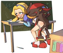 1boy 1girl ahegao ass blonde_hair blue_eyes blush bookshelf chalkboard closed_eyes clothed_female_nude_male cum cum_in_pussy cumdrip dress from_behind furry furry_with_non-furry hairband hetero highres interspecies loli long_hair maria_robotnik nude panties pastelilith pencil shadow_the_hedgehog shoes sonic_(series) table tail testicles underwear unworn_panties vaginal