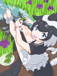 1girl :p barefoot black_one-piece_swimsuit blowhole blue_eyes blush bracelet cetacean_tail commerson&#039;s_dolphin_(kemono_friends) crumbs dolphin_girl dorsal_fin fins fish_tail food frilled_one-piece_swimsuit frills from_above hair_between_eyes head_fins highres jewelry kemono_friends looking_at_viewer looking_back looking_up multicolored_hair one-piece_swimsuit reeds ririnasoon short_hair sidelocks soaking_feet solo swimsuit tail toes tongue tongue_out two-tone_hair two-tone_one-piece_swimsuit white_one-piece_swimsuit