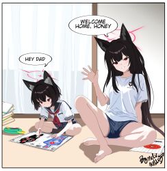 2girls absurdres alternate_costume animal_ear_fluff animal_ears barefoot black_hair black_socks blue_archive blue_sailor_collar blue_shorts blush fox_ears fox_girl grin highres holding holding_pencil indian_style looking_at_object looking_at_viewer melissa_v2 mother_and_daughter multiple_girls on_floor pencil red_eyes red_ribbon ribbon sailor_collar shirt shorts sitting smile socks waving_hands white_shirt yukino_(blue_archive)