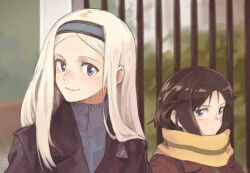 2girls aleksandra_i._pokryshkin black_hairband black_jacket blonde_hair blue_eyes blue_hairband blue_shirt blush brave_witches brown_hair brown_jacket closed_mouth collared_shirt commentary_request dot_mouth enpera glaring green_scarf hair_flaps hairband high_collar jacket kanno_naoe lapel_pin leather leather_jacket long_sidelocks looking_at_viewer multiple_girls outdoors parted_bangs portrait scarf shiratama_(hockey) shirt short_hair sidelocks smile star_(symbol) two-tone_hairband two-tone_scarf v-shaped_eyebrows world_witches_series yellow_scarf
