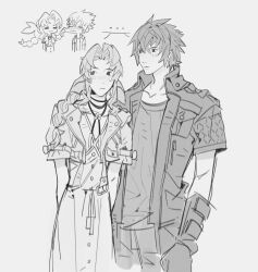 1boy 1girl :3 =w= aerith_gainsborough braid braided_ponytail cheek_pinching chibi chibi_inset choker cropped_jacket crossover dress final_fantasy final_fantasy_vii final_fantasy_vii_remake final_fantasy_xv flower_choker gloves greyscale hair_between_eyes hair_over_shoulder hair_ribbon highres light_blush long_dress long_hair mmmckayyy monochrome noctis_lucis_caelum parted_bangs pinching ribbon short_hair short_sleeves sidelocks single_braid sketch