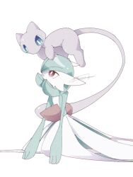 blue_eyes colored_skin dress gardevoir gen_1_pokemon gen_3_pokemon green_skin legendary_pokemon mew_(pokemon) multicolored_skin mythical_pokemon narumiya_pkmn nintendo pink_eyes pink_fur pokemon pokemon_(creature) signature simple_background tail two-tone_skin white_background white_dress white_skin