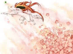 Rule 34 | amaterasu (ookami), animal, animal focus, body fur, fire, flower, midair, minahamu, no humans, ookami (game), pink flower, plant, solo, white fur, white tail, white wolf, wolf