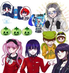 3girls 5boys amemiya_darumi aotsuki_eito black_hair blue_eyes blue_hair blush collar collarbone ginzaki_shouma highres long_hair looking_at_viewer maruko_gaku matching_hair/eyes messy_hair multicolored_eyes multicolored_hair multiple_boys multiple_girls oosuzuki_kurara parted_hair pink_eyes pink_hair purple_hair red_eyes shizuhara_hiruko short_hair simple_background sumino_takumi the_hundred_line_-last_defense_academy- tsukumo_ima tsukumo_kako twintails white_background white_hair