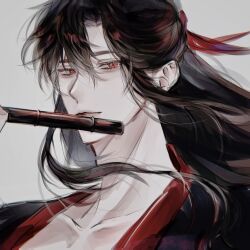 1boy bishounen black_hair black_hanfu chinese_clothes collarbone dizi eyelashes floating_hair flute hair_down hair_ribbon half_updo hanfu highres holding holding_flute holding_instrument ia_o00i instrument korean_commentary long_hair looking_at_viewer male_focus modao_zushi music official_alternate_hairstyle playing_flute portrait red_eyes red_ribbon ribbon sidelocks simple_background solo transverse_flute upper_body wei_wuxian wei_wuxian_(yiling_laozu) white_background