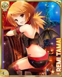 1girl :d ass bat_wings black_bra black_shorts black_thighhighs bow bra brown_eyes brown_hair card_(medium) demon_girl fake_wings girlfriend_(kari) gloves halloween halloween_costume looking_at_viewer low_twintails night official_art open_mouth purple_bow qp:flapper red_gloves shorts sitting smile solo tagme tamai_remi thighhighs twintails underwear wings zettai_ryouiki