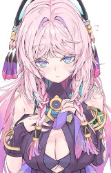 1girl absurdres arm_warmers black_bra blue_eyes blush bra braid breasts citlali_(genshin_impact) cleavage facial_mark floating_headgear forehead_mark genshin_impact hair_intakes headgear highres large_breasts leotard long_hair looking_at_viewer nail_polish parted_bangs pink_hair purple_nails ribbed_leotard ring_hair_ornament side_braid simple_background solo triangle triangle_facial_mark underwear upper_body wata_(watashi_j) white_background