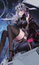 1girl anniversary arms_behind_back bandaged_head bandages black_dress black_gloves black_ribbon black_thighhighs black_tiara breasts cleavage closed_mouth dress elbow_gloves feet_out_of_frame gloves goddess_of_victory:_nikke grey_hair hair_ornament hair_ribbon high_heels highres legs light_smile long_hair looking_at_viewer medium_breasts modernia_(nikke) modernia_(second_affection)_(nikke) nart official_alternate_costume patent_heels pumps red_eyes red_soles ribbon see-through_cleavage see-through_clothes shoes sitting solo stiletto_heels thighhighs thighs tiara