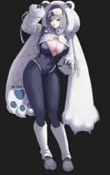 1girl animal_costume animal_hood bear_costume black_bodysuit bodysuit breasts gloves goddess_of_victory:_nikke grey_hair headphones headphones_around_neck hood hood_up large_breasts long_sleeves looking_at_viewer mask mask_on_head mole mole_on_breast neve_(nikke) open_mouth sleep_mask solo user_vcxf5283