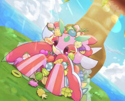 1girl antennae arthropod_girl arthropod_limbs berry_(pokemon) blue_sky colored_skin eating full_body furry furry_female gen_7_pokemon lurantis mantis_girl mosseso_sefu multicolored_skin nintendo no_mouth outdoors pink_skin pokemon pokemon_(creature) praying_mantis red_eyes sitting sky solo white_skin