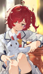 1girl absurdres ahoge aokaly blazer blush bow bowtie commentary detached_ahoge english_commentary feet_out_of_frame hair_bobbles hair_ornament highres holding holding_stuffed_toy jacket komari_chika long_hair looking_at_viewer make_heroine_ga_oo_sugiru! medium_hair nervous_smile one_side_up pleated_skirt red_bow red_bowtie red_hair school_uniform sitting skirt smile solo stuffed_animal stuffed_rabbit stuffed_toy tsuwabuki_high_school_uniform white_jacket white_skirt winter_uniform yellow_bow yellow_bowtie yellow_eyes