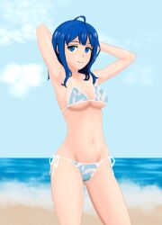 1girl armpits arms_behind_head beach bikini blue_bikini blue_eyes blue_hair breasts half-closed_eyes highres large_breasts legs looking_at_viewer make_heroine_ga_oo_sugiru! navel ocean seductive_gaze seductive_smile side-tie_bikini_bottom smile solo swimsuit thighs water yanami_anna
