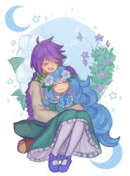 1boy 1girl :d ^_^ absurdres antenna_hair blue_background blue_bow blue_gloves blue_shoes border bow braid brown_shirt brown_shoes closed_eyes closed_mouth commentary crescent curly_hair dress english_commentary floral_background flower footwear_bow frilled_dress frilled_sleeves frills full_body gloves green_dress green_scarf hair_between_eyes hair_flower hair_ornament hand_on_another&#039;s_head hetero highres indian_style knees_up leaf long_hair moonflower_(plants_vs._zombies) music musical_note nightshade_(plants_vs._zombies) off-shoulder_dress off_shoulder open_mouth outside_border own_hands_clasped own_hands_together pantyhose personification petticoat plants_vs._zombies plants_vs._zombies_2 purple_flower purple_gloves roshimii scarf shirt shoes simple_background singing single_braid sitting smile star_(symbol) striped_clothes striped_scarf vertical-striped_clothes vertical-striped_scarf very_long_hair white_border white_flower white_pantyhose