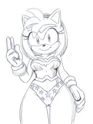 1girl amy_rose ass bare_legs cosplay dc_comics dcau eyelashes formal_clothes gloves groin hedgehog leg_focus legs looking_at_viewer medium_hair sega smile solo sonic_(series) suit tiara traditional_media warner_bros. wonder_woman wonder_woman_(cosplay) wonder_woman_(series)