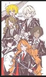 6+girls black_coat black_hair black_vest blonde_hair blue_eyes bow brown_hair closed_eyes coat coat_on_shoulders collared_shirt dark-skinned_female dark_skin don_quixote_(project_moon) faust_(project_moon) freckles green_eyes hair_bow highres ishmael_(project_moon) limbus_company long_hair long_sleeves looking_at_viewer multiple_girls nantekottawo!! necktie open_mouth orange_eyes orange_hair outis_(project_moon) project_moon red_eyes red_necktie rodion_(project_moon) ryoshu_(project_moon) shirt short_hair simple_background standing sweater upper_body very_long_hair vest white_background white_bow white_hair white_shirt white_sweater yellow_eyes