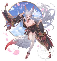Rule 34 | 1girl, absurdres, animal ear fluff, animal ears, ayacho, breasts, commission, commissioner name, double fox shadow puppet, fox ears, fox girl, fox shadow puppet, fox tail, highres, huge breasts, indie virtual youtuber, japanese clothes, kimono, long hair, multicolored hair, off shoulder, red eyes, red hair, satsuki mei (vtuber), signature, skeb commission, solo, streaked hair, tail, thank you, thick eyebrows, very long hair, white hair, wide sleeves