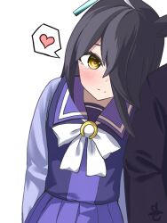 1girl 1other ahoge animal_ears blush bow bowtie closed_mouth ear_tag earrings hair_over_one_eye head_on_another&#039;s_shoulder heart horse_ears horse_girl jewelry long_bangs manhattan_cafe_(umamusume) multicolored_hair pleated_skirt purple_sailor_collar purple_shirt purple_skirt sailor_collar shirt shirt_tucked_in simple_background single_earring skirt slcunix smile speech_bubble spoken_heart umamusume white_background white_bow white_bowtie white_hair yellow_eyes