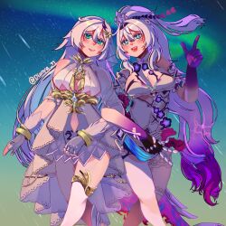 Rule 34 | 2girls, artist name, benghuai xueyuan, black flower, blue eyes, breast curtain, colored extremities, commentary, dionya n, dress, english commentary, fingerless gloves, flower, gloves, gradient hair, high ponytail, highres, honkai (series), honkai impact 3rd, kiana kaslana, kiana kaslana (herrscher of finality), locked arms, long hair, multicolored hair, multiple girls, night, night sky, open mouth, pointing, ponytail, purple hair, purple hands, sky, two-tone hair, very long hair, white dress, white gloves, white hair