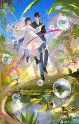 1boy 1girl :d absurdres bird black_hair black_jacket black_shirt blue_sky bouquet bubble cloud collared_shirt commentary_request day dress flower grass highres holding holding_bouquet holding_flower jacket juyekuno long_sleeves looking_at_another open_mouth original outdoors pants pink_ribbon plant puffy_sleeves ribbon shirt shoes short_hair sky smile tree water white_dress
