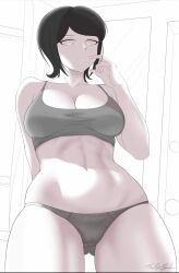 Rule 34 | 1girl, absurdres, artist request, bare legs, black hair, bra, breasts, cleavage, collarbone, danganronpa: trigger happy havoc, danganronpa (series), female focus, freckles, grey bra, grey panties, hand up, highres, ikusaba mukuro, large breasts, looking at viewer, low angle, navel, panties, parted bangs, simple background, solo, underwear, underwear only, white background, white eyes