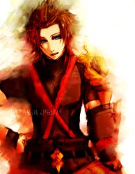 1boy arm_armor armor asymmetrical_armor black_shirt blue_eyes brown_hair commentary_request copyright_name english_text hand_on_own_hip kingdom_hearts kingdom_hearts_birth_by_sleep leech0 light_smile male_focus medium_hair orange_theme pants parted_bangs parted_lips shirt short_sleeves shoulder_strap solo spiked_hair terra_(kingdom_hearts) turtleneck turtleneck_shirt upper_body wristband