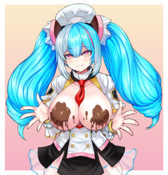 1girl :3 arms_up aurora_(last_origin) between_breasts blue_hair bracelet breasts breasts_out buttons chef chef_hat chocolate chocolate_on_body chocolate_on_breasts dress drill_hair female_focus food_on_body gradient_background hair_between_eyes hat headgear huge_breasts jewelry large_breasts last_origin long_hair looking_at_viewer multicolored_hair necktie nipples pink_background pink_eyes pink_hair poorgom presenting red_necktie skirt smile solo star-shaped_pupils star_(symbol) streaked_hair symbol-shaped_pupils topless_female wide_hips