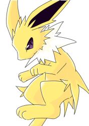 animal_focus animal_hands creatures_(company) full_body game_freak gen_1_pokemon highres jolteon looking_at_viewer neck_fur nintendo no_humans otyappa_tyabatyaba pokemon pokemon_(creature) purple_eyes simple_background solo white_background white_fur yellow_fur