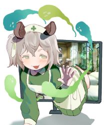 1girl animal_ears apron brown_hair commentary deemisspurrfect dress english_commentary ghost green_dress green_eyes hand_up hat highres indie_virtual_youtuber long_sleeves looking_at_viewer monitor nimi_nightmare no_pupils nurse_cap one_side_up open_mouth shadow simple_background smile solo tapir_ears tapir_girl through_medium through_screen virtual_youtuber white_background