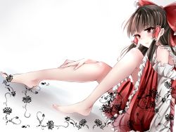 1girl arm_support bad_feet bad_id bad_pixiv_id bare_shoulders barefoot bow brown_hair detached_sleeves dress artistic_error female_focus flower frilled_sleeves frills from_side hair_bow hair_ribbon hair_tubes hakurei_reimu legs long_hair ookamisama parted_lips red_dress red_eyes ribbon simple_background sitting solo touhou wide_sleeves