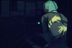 2boys black_hair blue_eyes blue_hair collar highres hug male_focus multiple_boys p9_0519 persona persona_3 pharos shadow short_hair sitting solo_focus upper_body white_collar yuuki_makoto_(persona_3)