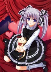 Rule 34 | 00s, 1girl, absurdres, bed, blush, dress, elf, female focus, from above, goth fashion, gothic lolita, heart, heart-shaped pillow, highres, lace, lolita fashion, mary janes, nishimata aoi, official art, pillow, pointy ears, primula, ribbon, ribbon-trimmed clothes, ribbon-trimmed legwear, ribbon-trimmed socks, ribbon trim, shoes, shuffle!, sitting, socks, solo, stuffed animal, stuffed cat, stuffed toy, wariza, white legwear