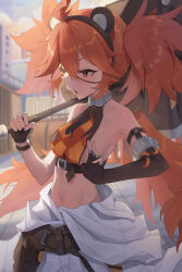 1girl absurdres ahoge animal_ear_hairband animal_ears armpits asymmetrical_gloves averting_eyes bare_shoulders bear_ear_hairband bear_ears black_gloves blush breasts clothes_pull commentary construction_site day elbow_gloves english_commentary eyepatch fake_animal_ears fingerless_gloves flame_print gloves gueya hair_bobbles hair_ornament hairband half-closed_eyes hammer hand_up highres holding holding_hammer jumpsuit jumpsuit_around_waist koleda_belobog loli long_hair midriff navel open_mouth red_eyes red_hair shirt_pull single_elbow_glove small_breasts solo sphere_hair_ornament sweat twintails very_long_hair white_jumpsuit zenless_zone_zero