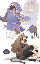 2girls 404no2929 animal_costume animal_ear_hood animal_ears black_leggings blush boots bow brown_hair cat_ears closed_mouth commentary_request covering_own_mouth fake_animal_ears full_body hair_through_hood highres holding_hands hood hood_up hug hug_from_behind leggings long_hair long_sleeves looking_at_viewer miya_(404no2929) multiple_girls multiple_views no_socks onesie original rabbit_ears red_bow shion_(404no2929) shoes simple_background sitting standing white_background white_bow white_leggings white_shoes yellow_bow yuri