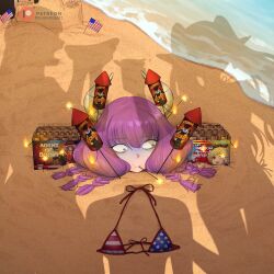 Rule 34 | 3girls, absurdres, american flag, american flag bikini, american flag print, aura (sousou no frieren), aura bullying (meme), beach, bikini, blue eyes, burnice white, commentary, demon girl, demon horns, disembodied head, dismaiden, dressed shadow (meme), english commentary, fern (sousou no frieren), fireworks, flag print, flag print bikini, fourth of july, frieren, gloom (expression), highres, horns, hot dog, kono subarashii sekai ni shukufuku wo!, megumin, meme, multiple girls, nervous sweating, ocean, print bikini, purple hair, sand, sand castle, sand sculpture, shadow, sousou no frieren, sparkler, sweat, swimsuit, water, zenless zone zero