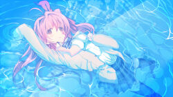 1girl antenna_hair arm_behind_back black_thighhighs bow bowtie breasts chaos;head hair_bow hair_ribbon jacket lapels long_hair looking_at_viewer looking_up lying_on_water medium_breasts notched_lapels ocean one_side_up open_clothes open_jacket pink_bow pink_eyes pink_hair plaid_bow plaid_bowtie plaid_clothes reko_(torinegi) ribbon sakihata_rimi school_uniform shirt skirt solo suimei_school_uniform thighhighs water white_shirt