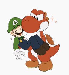 1boy blue_eyes blue_overalls brown_hair facial_hair full_body gloves green_shirt hat highres luigi male_focus mario_(series) mimimi_(mimimim9999) mustache nintendo open_mouth overalls red_yoshi shirt short_hair white_gloves yoshi