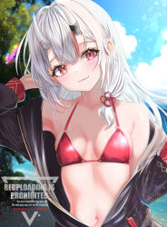 Rule 34 | 1girl, :3, absurdres, arm up, armpits, bare shoulders, beach, bikini, black jacket, blue sky, blush, breasts, cleavage, collarbone, commentary request, day, dot nose, flower knot, hair ribbon, head tilt, highres, hololive, horns, jacket, lens flare, light particles, long hair, looking at viewer, multicolored hair, nakiri ayame, navel, o-ring, o-ring bikini, o-ring top, off shoulder, oni, open clothes, open jacket, outdoors, red eyes, red hair, red ribbon, ribbon, sidelocks, sky, small breasts, smile, solo, streaked hair, swimsuit, two-tone hair, very long hair, virtual youtuber, wakaunderblade7, watermark, white hair