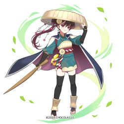 1girl arm_guards arm_up black_hair black_thighhighs blue_kimono breasts bridal_legwear brown_hat brown_sandals closed_mouth commentary_request full_body gradient_hair hair_bun hand_on_headwear hat holding japanese_clothes kimono long_hair looking_at_viewer miyoshino mole mole_under_eye monaka_(sugar_conflict) multicolored_hair obi official_art puffy_short_sleeves puffy_sleeves purple_eyes purple_hair sandals sash short_sleeves small_breasts smile solo standing sugar_conflict thighhighs very_long_hair white_background zouri
