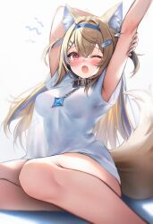 1girl ;o absurdres animal_collar animal_ear_fluff animal_ears arm_behind_head arm_up armpits bandaid bandaid_hair_ornament black_collar blonde_hair blue_hair blue_hairband blue_nails breasts collar commentary crossed_bangs dog_ears dog_girl dog_tail double-parted_bangs english_commentary fangs fuwawa_abyssgard hair_between_eyes hair_intakes hair_ornament hairband hairclip highres hololive hololive_english horn_hairband long_hair looking_at_viewer maru_ccy medium_breasts multicolored_hair nail_polish naked_shirt one_eye_closed outstretched_arm pink_eyes see-through_silhouette shirt simple_background sitting skin_fangs solo spiked_collar spikes streaked_hair stretching t-shirt tail two_side_up virtual_youtuber white_background white_shirt yawning yokozuwari
