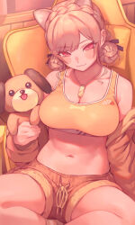 Rule 34 | 1girl, absurdres, animal ears, bare shoulders, bone print, braid, breasts, brown hair, brown jacket, brown shorts, brown sports bra, cartoon bone, chair, cleavage, closed mouth, commentary request, crown braid, dog ears, dog tags, double bun, fur jacket, furen e lustario, furen e lustario (5th costume), gaming chair, hair bun, highres, holding, holding stuffed toy, jacket, kemonomimi mode, large breasts, looking at viewer, navel, nijisanji, off shoulder, official alternate costume, official alternate hairstyle, on chair, open clothes, open jacket, red eyes, shorts, sitting, smile, solo, sports bra, stuffed animal, stuffed dog, stuffed toy, swivel chair, ubo (ubo tales), virtual youtuber