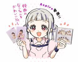 1girl :d arashi_chisato aspire_(love_live!) blunt_bangs blush card cd_case commentary_request cropped_torso double_bun dress hair_bun highres holding holding_card holding_case love_live! love_live!_superstar!! misaki_nako official_alternate_costume open_mouth photo_inset pink_dress pink_eyes puffy_short_sleeves puffy_sleeves short_sleeves sidelocks smile soha_4240 solo song_name translation_request twintails voice_actor voice_actor_connection