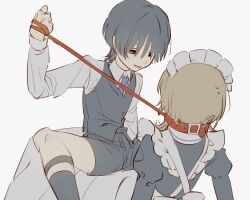 Rule 34 | 1boy, 1girl, age difference, aged down, alternate costume, alternate universe, apron, arm up, bishounen, black hair, black shorts, black socks, blonde hair, boy on top, collared shirt, crotch, dress shirt, enmaided, from behind, genshin impact, gpw469, hair over eyes, hetero, highres, holding, holding leash, juliet sleeves, leash, leash pull, legwear garter, light smile, long sleeves, looking at another, looking down, lumine (genshin impact), maid, muted color, necktie, nervous sweating, no headwear, onee-shota, osugaki, parted lips, puffy sleeves, reclining, scaramouche (genshin impact), shirt, short shorts, shorts, simple background, sketch, socks, spread legs, straddling, sweat, vest, wanderer (genshin impact), white apron, white background, wing collar, wolf cut