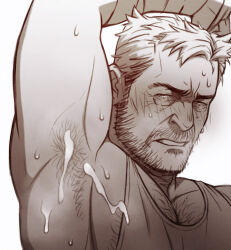 1boy arm_up armpit_hair armpits asd4486 bara beard blush chest_hair cum cum_on_armpits cum_on_body facial_hair hairy implied_yaoi large_pectorals male_focus marvel mature_male monochrome muscular muscular_male pectorals presenting_armpit short_hair solo sweat teeth wolverine_(x-men) x-men