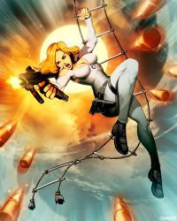 1girl artist_name blonde_hair blue_eyes breasts bullet cleavage female_focus genzoman gun large_breasts marvel open_mouth sharon_carter sky solo teeth weapon