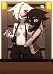 2girls @_@ ahoge beak belt bird_girl black_hair black_pants blush breasts claws collared_shirt colored_inner_hair dated furry furry_female grey_hair hair_between_eyes heart highres kaltespur medium_breasts mirror multicolored_hair multiple_girls navel nipples nose_blush open_mouth original pants red_eyes reflection shirt signature spoken_heart suspenders topless_female white_hair white_shirt yuri