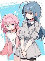 2girls :/ :d ahoge belt_buckle bike_shorts black_shorts black_sweater blue_background blue_eyes blue_hair blue_shorts breasts buckle buttons closed_mouth clothes_writing coat collared_shirt cowboy_shot dated dot_nose double-breasted dress_shirt duck_print fang hair_ribbon height_difference highres jacket jewelry lapels leaning_forward long_hair long_sleeves looking_at_another looking_to_the_side low_twintails multiple_girls open_clothes open_jacket open_mouth original orphaneater_io own_hands_together pendant pink_eyes pink_hair pink_jacket print_shirt ribbon shirt short_hair short_shorts short_twintails shorts sidelocks simple_background sleeve_belt sleeves_past_wrists sleeves_rolled_up small_breasts smile standing sweater t-shirt twintails twitter_username untucked_shirt white_background white_coat white_ribbon white_shirt wing_collar
